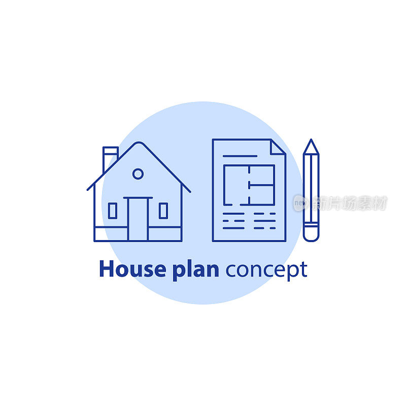 家居改善和改造，房屋规划服务，住宅建筑改造概念，蓝图和铅笔，矢量图标