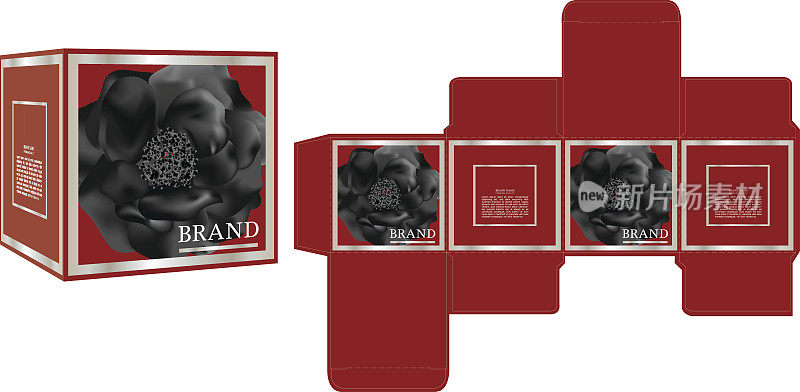 包装设计，黑玫瑰红背景盒设计模板和样板盒。