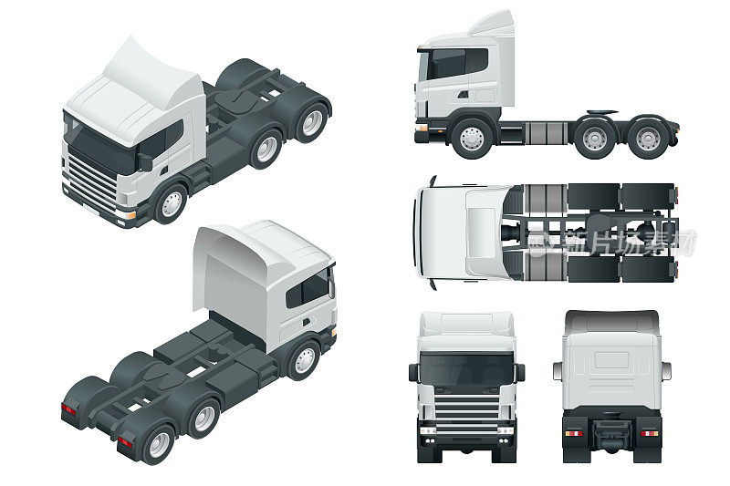 卡车、牵引车或半挂车。视图前，后，侧面，顶部和等距前，后..运送货物的车辆模板矢量隔离在白色