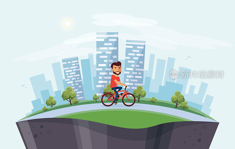 在街道上骑电动自行车的人与城市天际线背景在全球