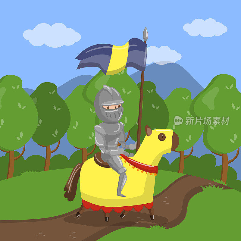 武装骑士骑在夏季风景的马背景矢量插图