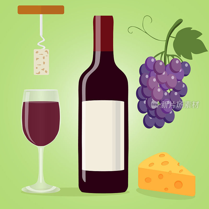 一瓶葡萄酒，一杯葡萄酒，一个开瓶器和奶酪。葡萄