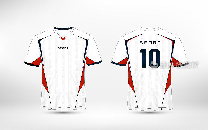 白色，红色和蓝色图案的运动足球套装，运动衫，t恤的设计模板