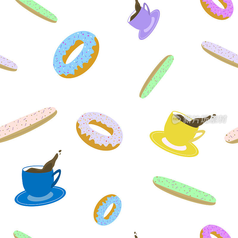 咖啡泡芙和甜甜圈的无缝模式矢量插图