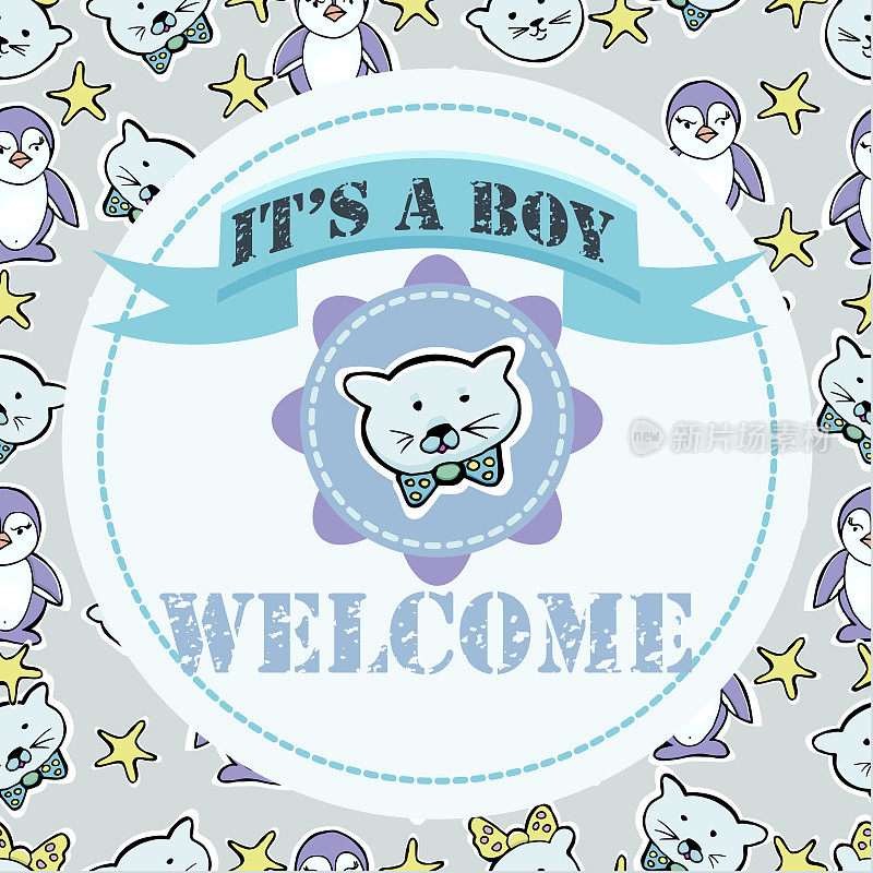 迎婴派对和欢迎贺卡。是个男孩，欢迎。小猫，企鹅，星星。贴纸。