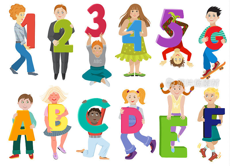 儿童字母矢量儿童卡通字体和男孩或女孩字符持有字母字母或数字插图按字母顺序的abc儿童字母孤立在白色背景