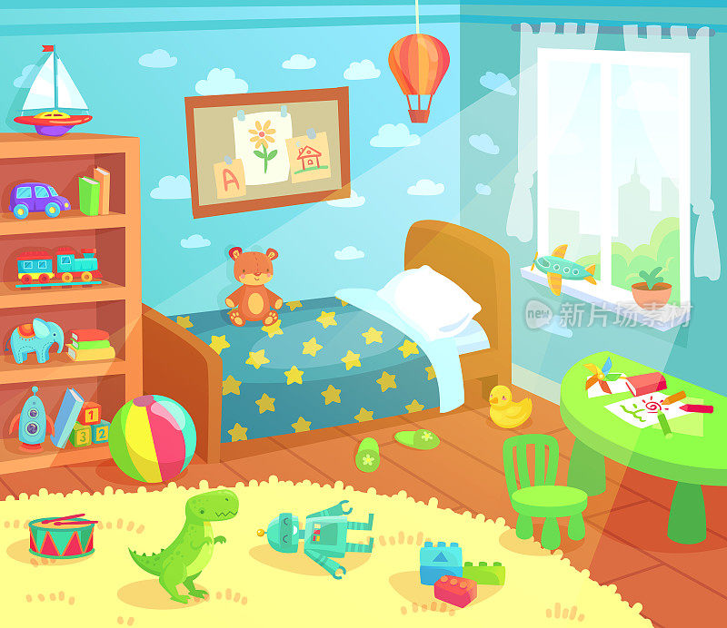 卡通儿童卧室内部。家儿童房间儿童床，儿童玩具和光线从窗口矢量插图