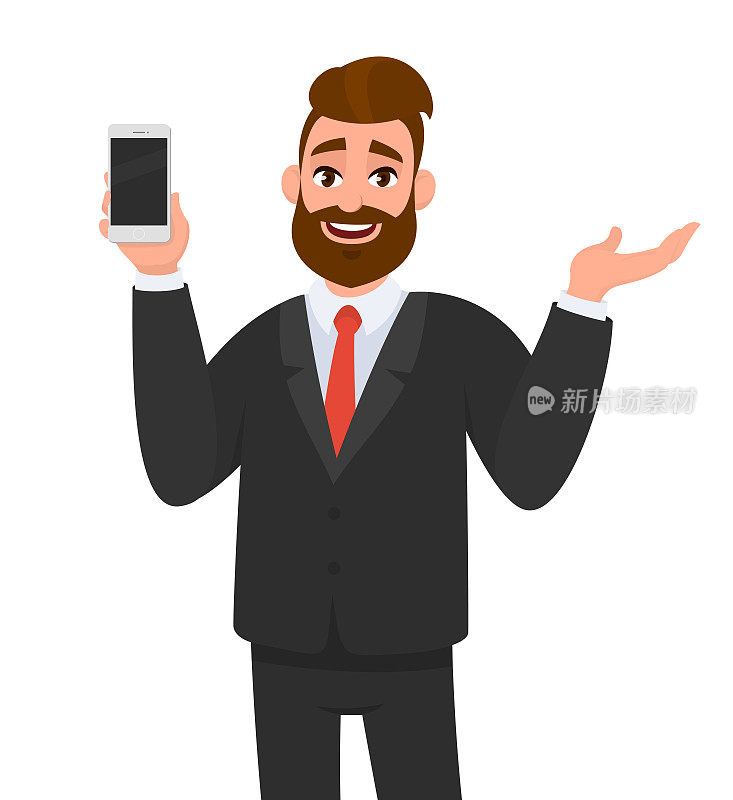 快乐的商人展示或拿着智能手机，手机，在手和手势手抄写空间一边。人的情感和身体语言概念插图在矢量卡通。