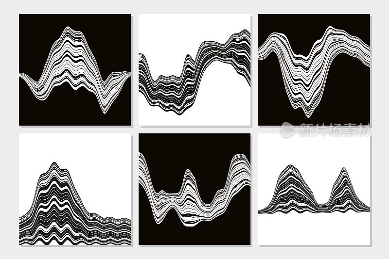 动态平滑线集。用波浪形状的向量抽象最小覆盖。Vibe和弯曲条纹图案。数字景观未来主义设计。