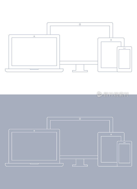 技术设备;采购产品笔记本电脑，电脑显示器，电视，平板电脑，智能手机，线框图标设置在灰色和白色