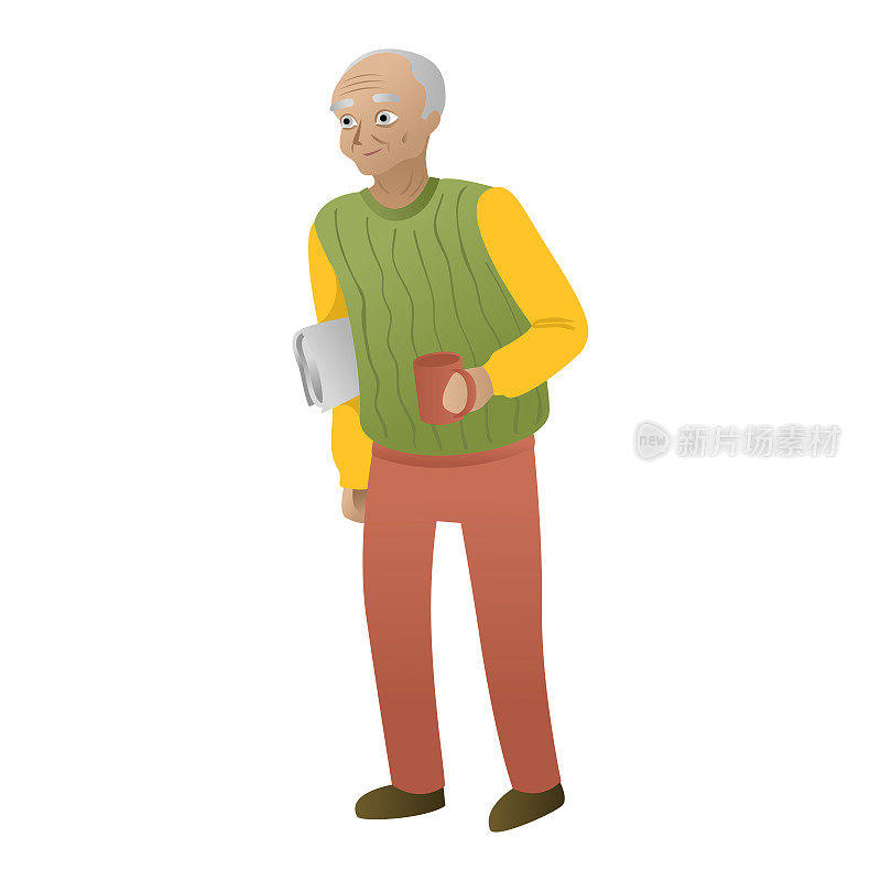 爷爷是一个站在报纸和茶杯前的老人。退休人员。向量孤立的性格。