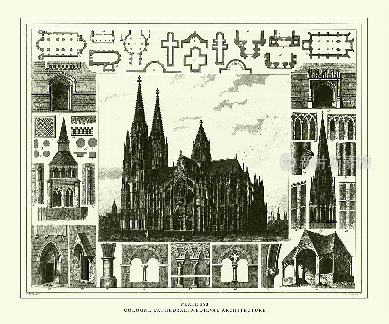 雕刻古玩，科隆大教堂;中世纪建筑雕刻古董插图，出版于1851年