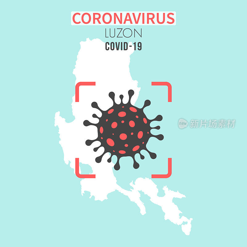 吕宋地图，红色取景器中有冠状病毒细胞(COVID-19)