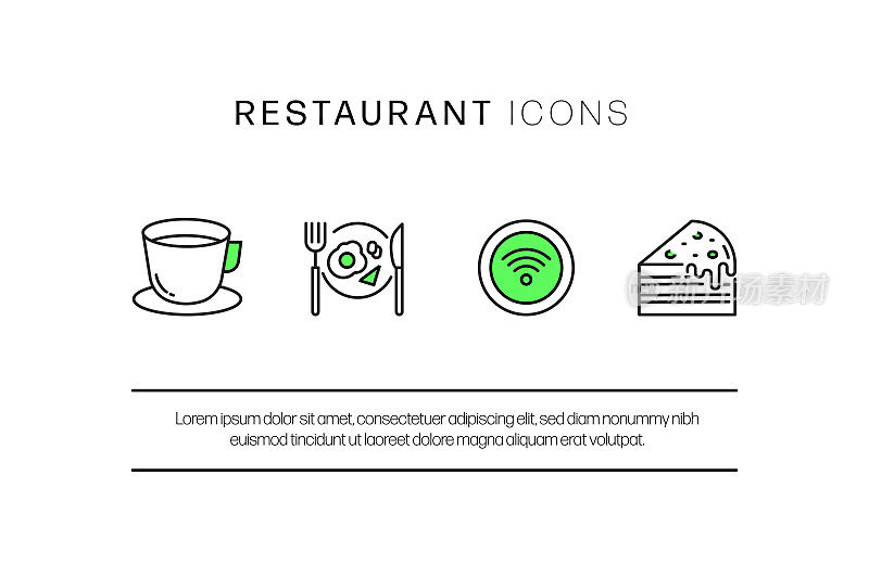 餐厅，食品和饮料相关的线图标。向量符号说明。