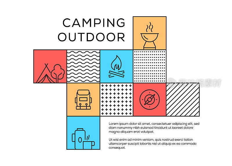 露营和户外活动相关孟菲斯风格设计与线图标。简单的轮廓图标。