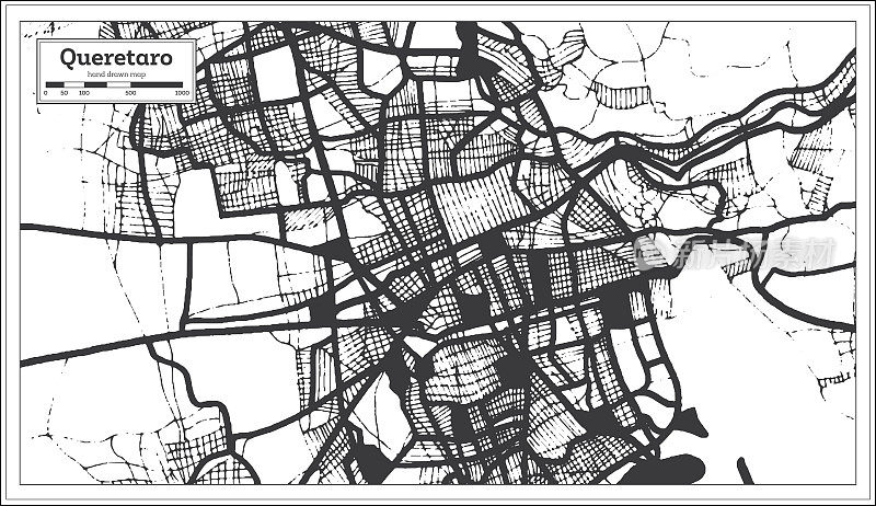 克雷塔罗墨西哥城地图在黑色和白色的复古风格。略图。