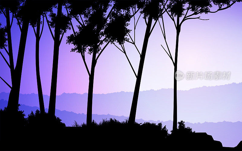 天然森林山地平线山树木的剪影。傍晚日出和日落。风景壁纸。矢量插图风格。色彩斑斓的视图的背景。