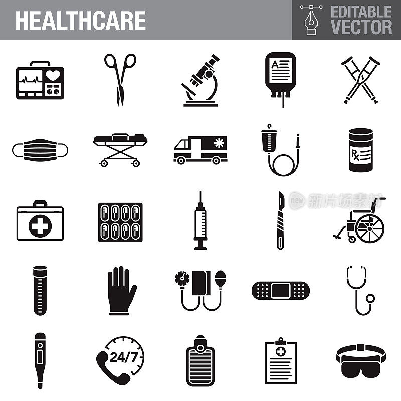 医疗保健和医药黑色字形图标集