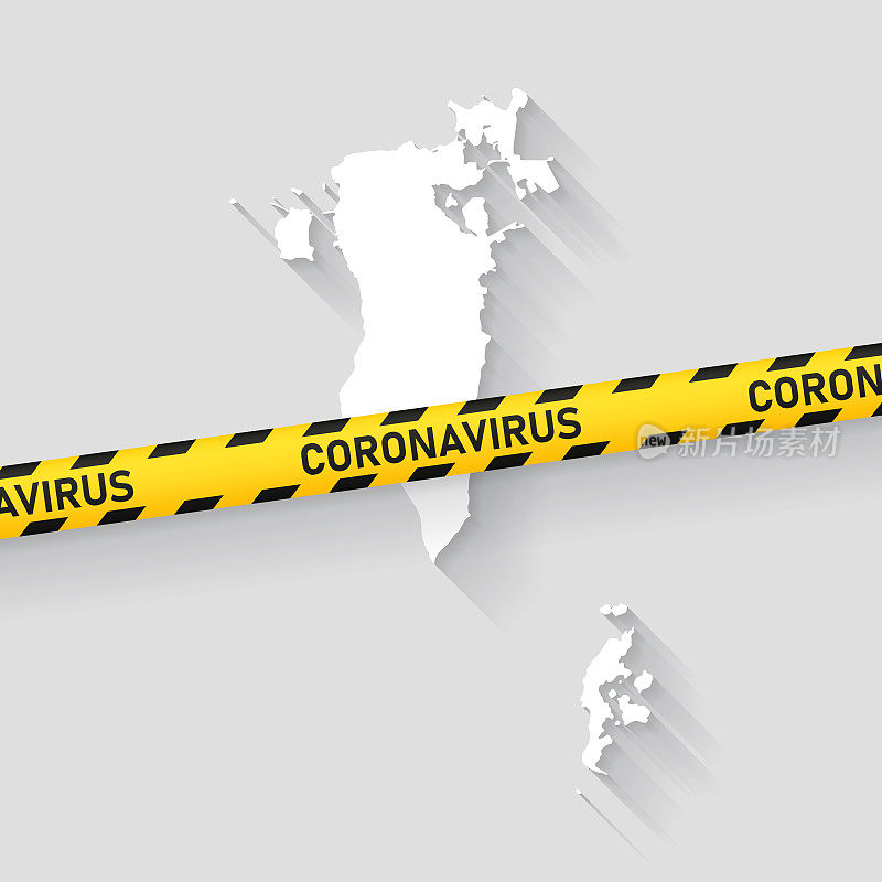 巴林地图与冠状病毒警告胶带。Covid-19爆发