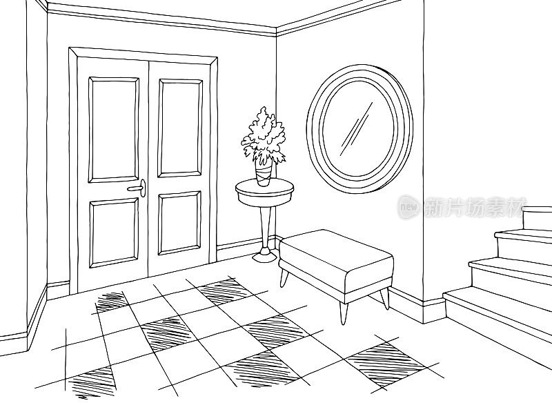 走廊图形黑白室内草图插图矢量