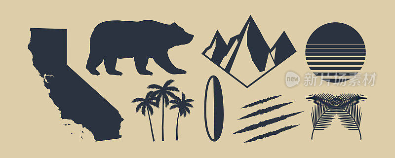 一套8个加利福尼亚的标志。加州地图，棕榈树，山脉。熊和抓爪子。加州的复古太阳。设计符号、海报、t恤印花等复古元素。矢量图