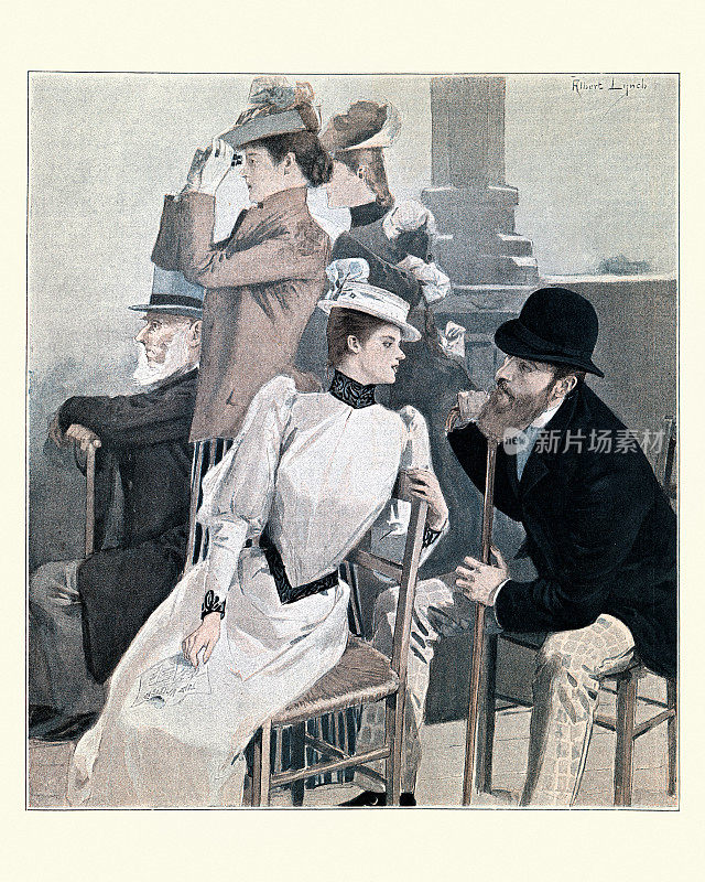 19世纪90年代，维多利亚时代，一场体育比赛的观众在聊天