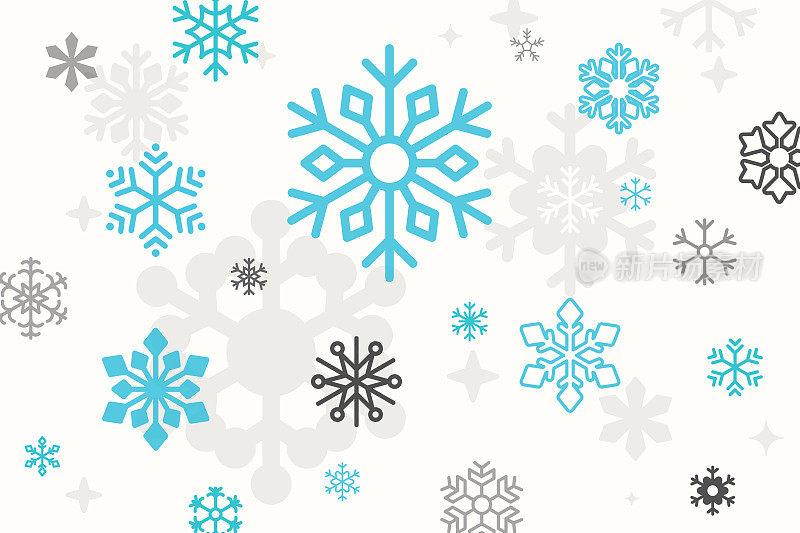 圣诞组成。白色背景上的蓝色雪花。圣诞雪花，冬天，除夕模板概念。矢量插图。