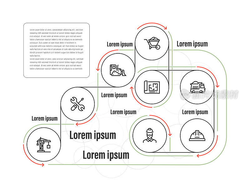 信息图表设计模板。塔吊，工具，推土机，独轮车，蓝图，自卸卡车，工程师，头盔图标8个选项或步骤。