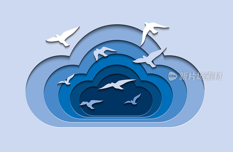 剪影鸟飞和美丽的云在蓝天的背景。矢量插图。剪纸的风格。为卡片，背景和海报的模板。