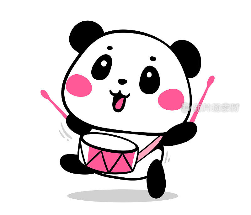 矢量插图可爱的卡通熊猫去和敲鼓在白色的背景。快乐可爱的小熊猫。
