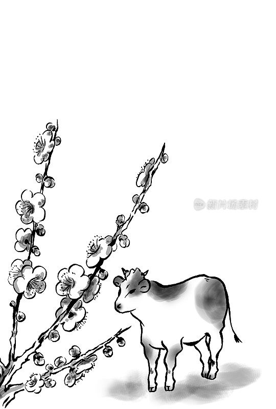 用线条画一头带花的牛