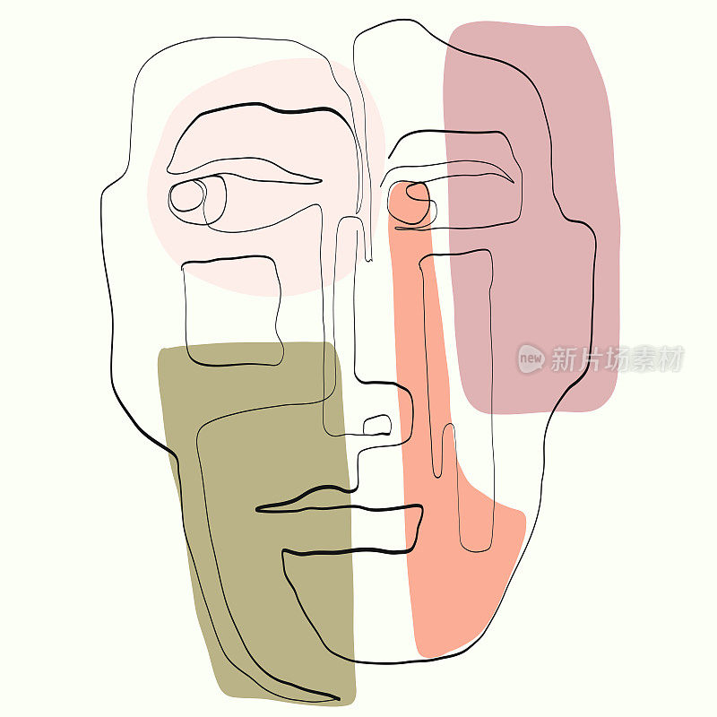 超现实的立体主义的脸。抽象现代面部肖像。手绘矢量插图。现代立体派风格的当代绘画。