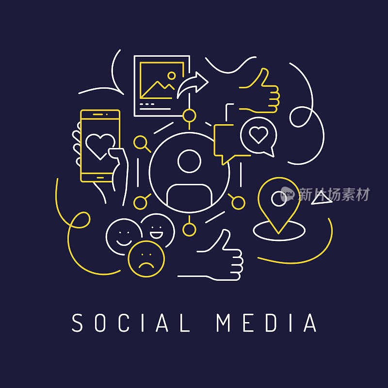 社交媒体和社交网络概念，现代线条艺术图标背景。线性风格矢量插图。