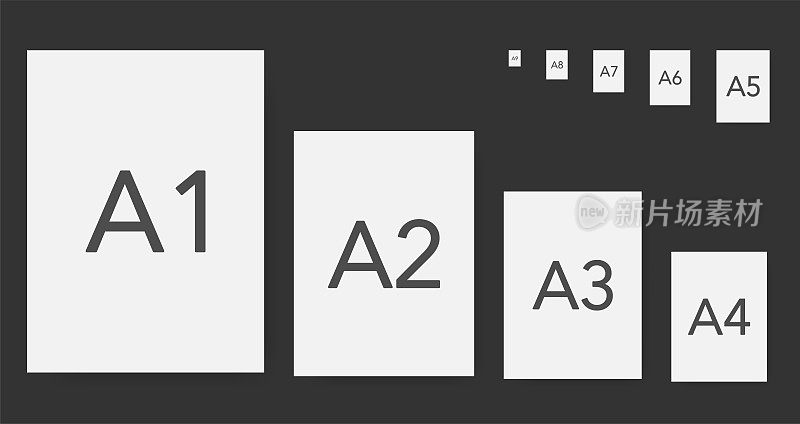 在灰色背景上的不同尺寸的纸张。矢量插图。