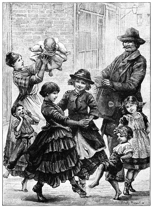 维多利亚时代的孩子们随着意大利街头管风琴手的音乐跳舞
