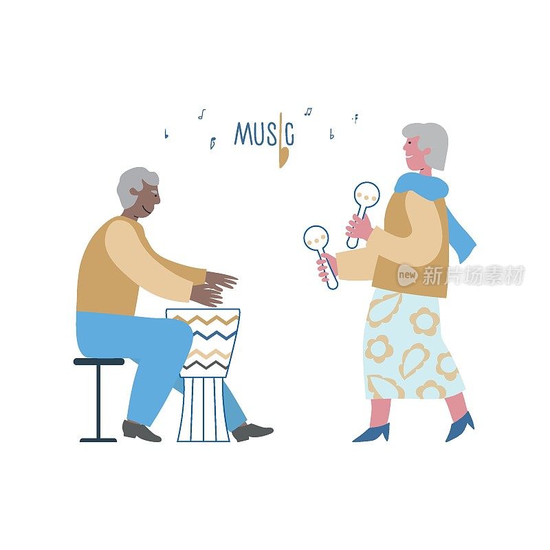 时髦的老人打沙槌、鼓。高年级学生喜欢并喜欢在社交俱乐部里听音乐。可用于网页，横幅。刻字的音乐。概念向量插图。
