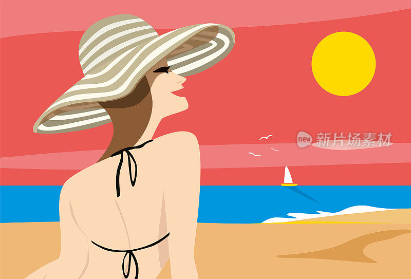 美丽的女人在海滩上晒太阳