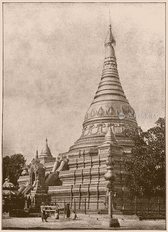仰光大金塔，缅甸(缅甸)。19世纪的历史观