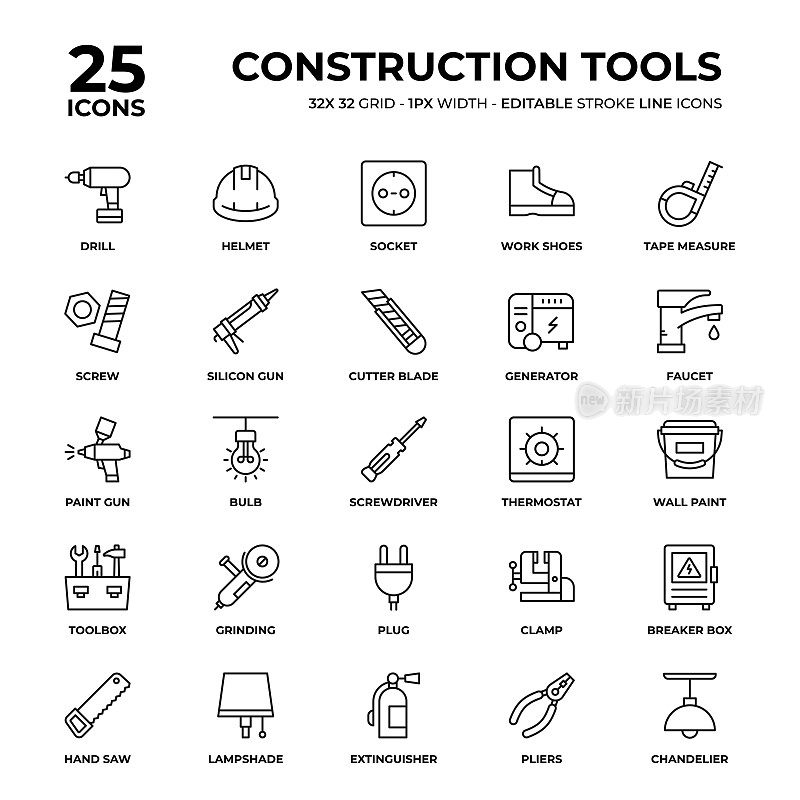 建筑工具线图标集