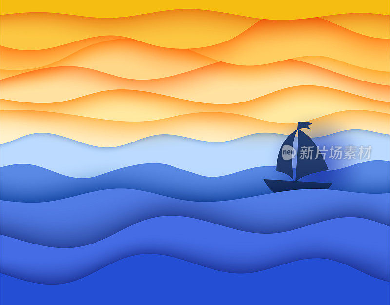 插图在剪纸风格和流行的颜色。这是一幅明亮的画面，画面上有大海、日落的天空和海上的一艘船。蓝色的海洋和橙色的天空。