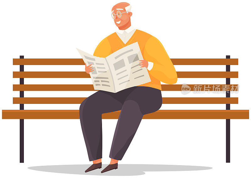 一位退休老人坐在公园的长椅上看报纸，享受着退休后的休闲时光