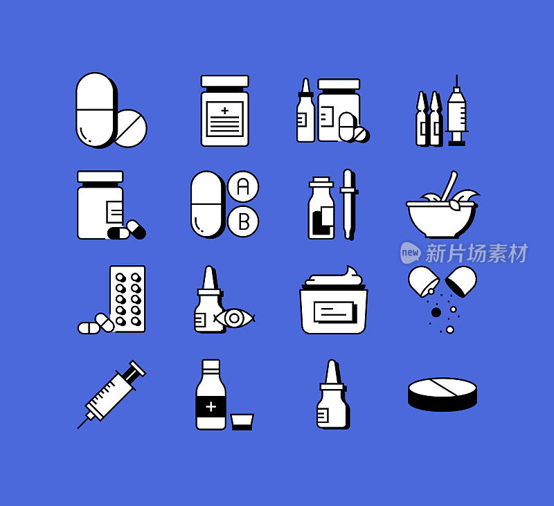 医药相关图标向量集合。现代风格符号矢量插图