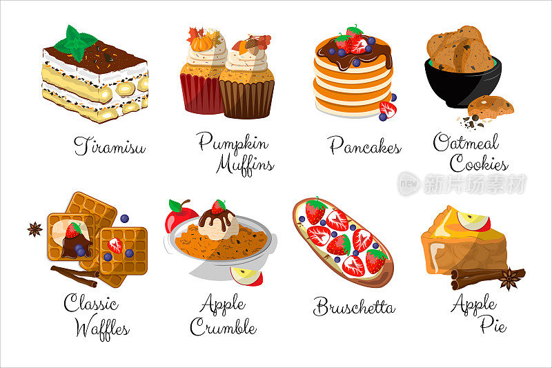甜点列表。有名字的甜点。馅饼,蛋糕。提拉米苏，煎饼，松饼，意式烤面包，华夫饼，燕麦饼干，苹果派