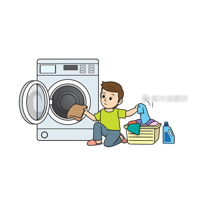 彩色矢量插图的儿童活动着色书页与图片的孩子做家务洗衣服。