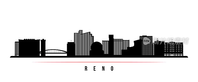 里诺地平线横旗。内华达州里诺市黑白剪影。矢量模板为您的设计。
