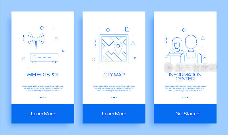 城市生活概念入职移动应用页面屏幕与线图标。UI设计模板矢量插图