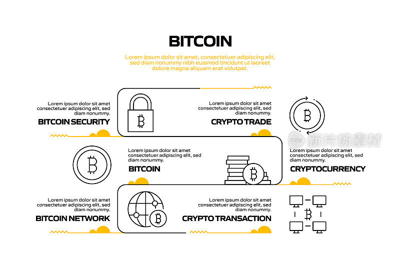 比特币相关流程信息图表模板。过程时间图。带有线性图标的工作流布局