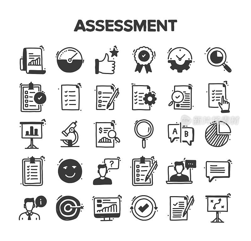 评估相关的手绘矢量涂鸦图标集
