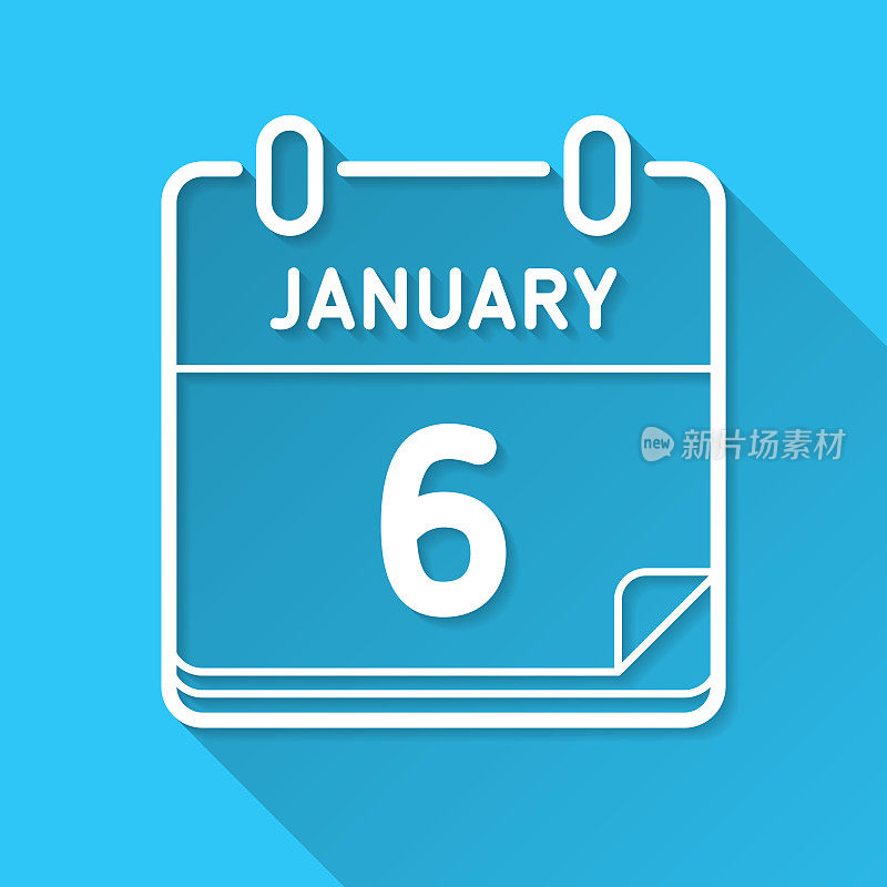 1月6日。图标在蓝色背景-平面设计与长阴影