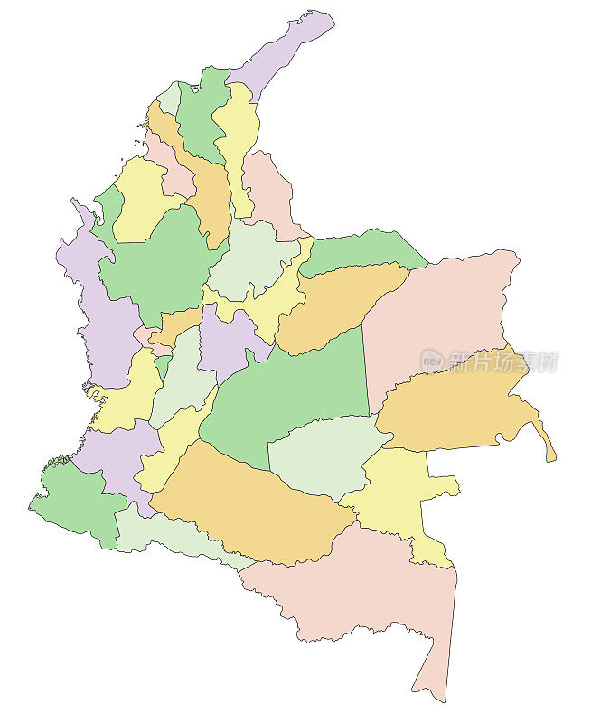 哥伦比亚-高度详细的可编辑的政治地图。